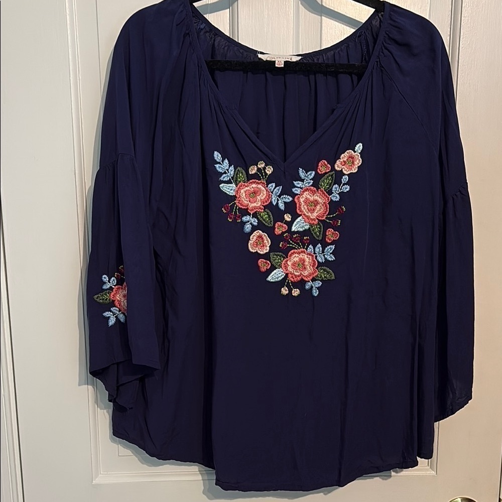 Solitaire Blue 3/4 Sleeve Blouse with Embroidered Floral Design - Vneck - XL